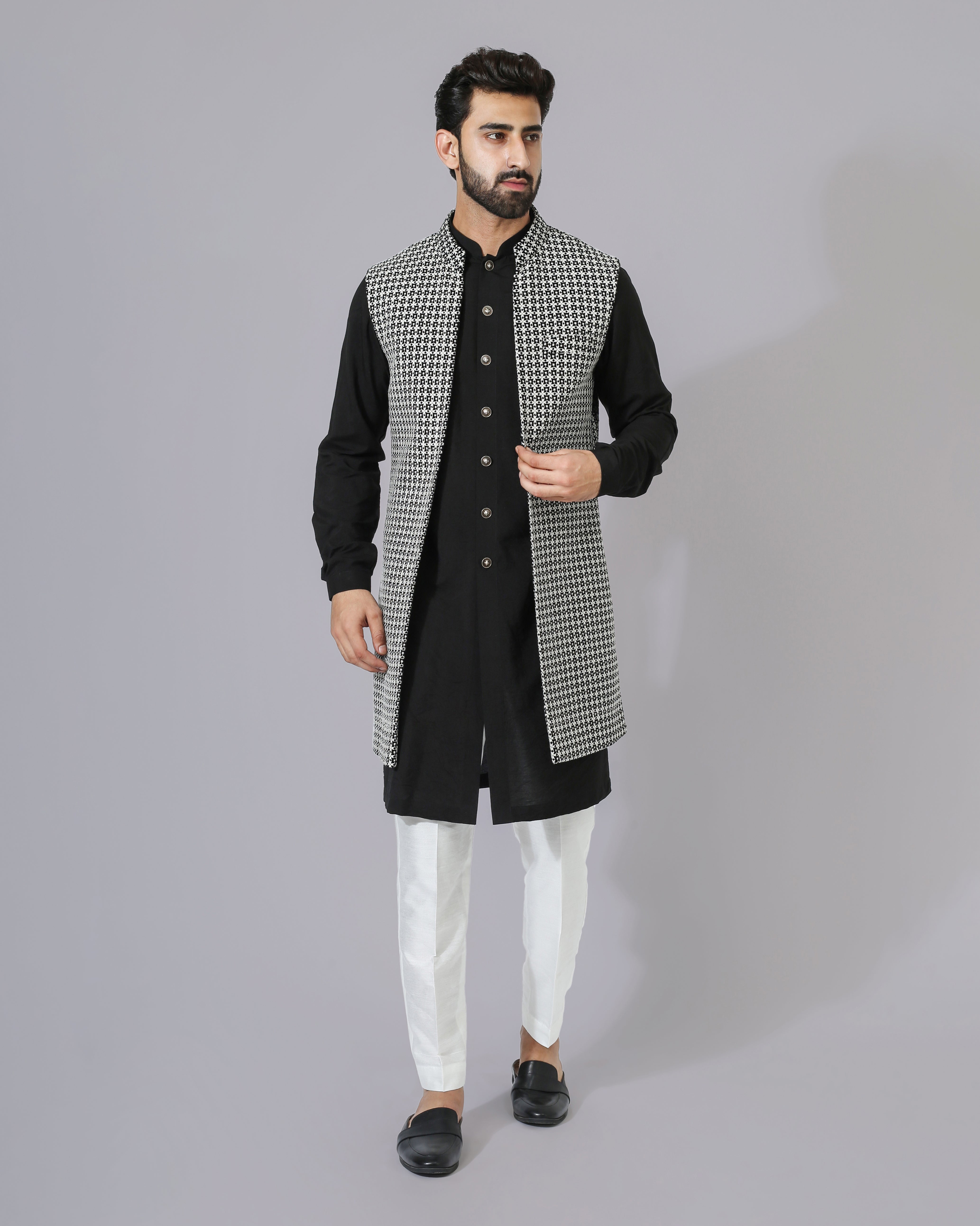 Black & White Texture Open Jacket with kurta pyjama