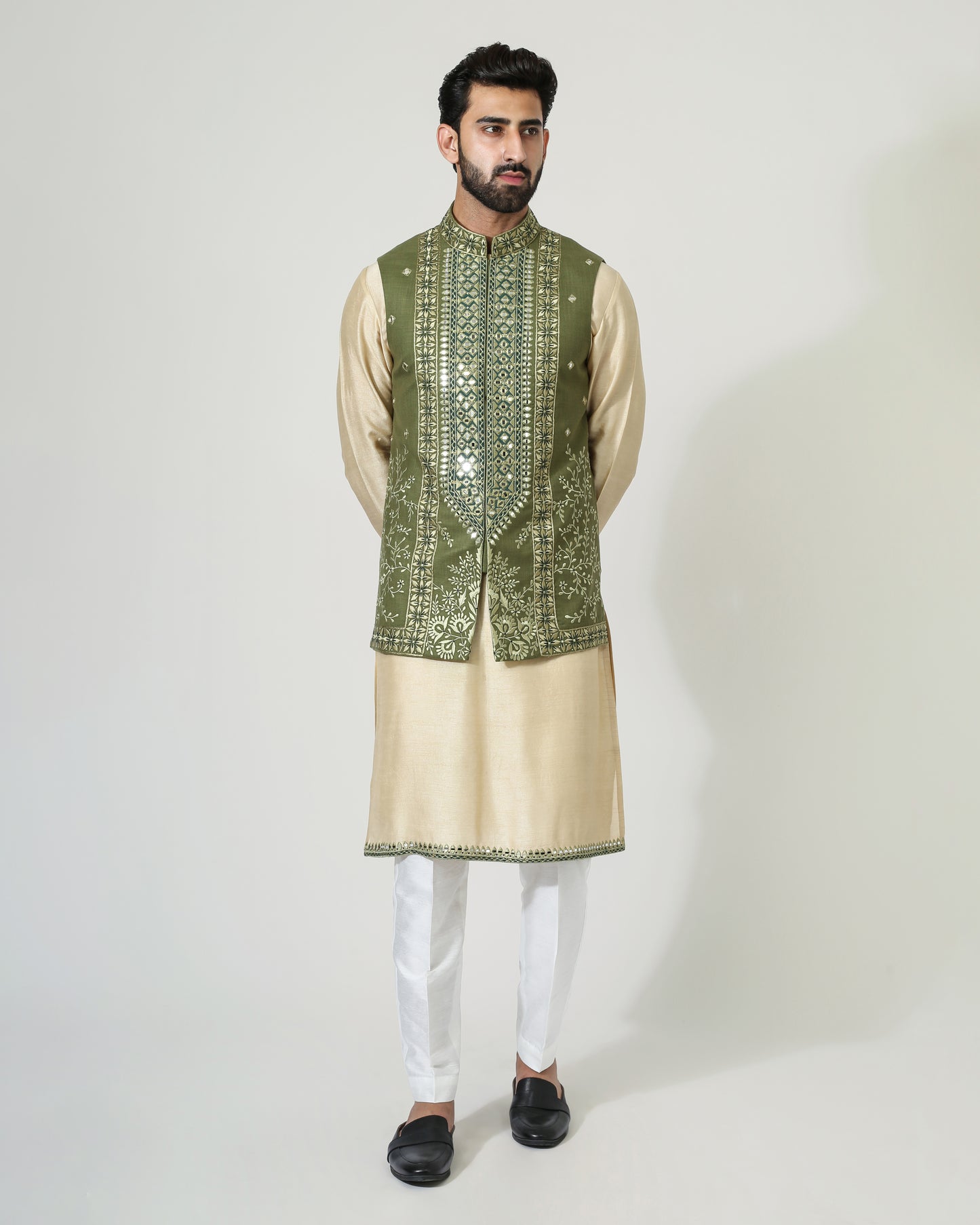 Beige Mirror Work Kurta With Green Mirror Work Jacket