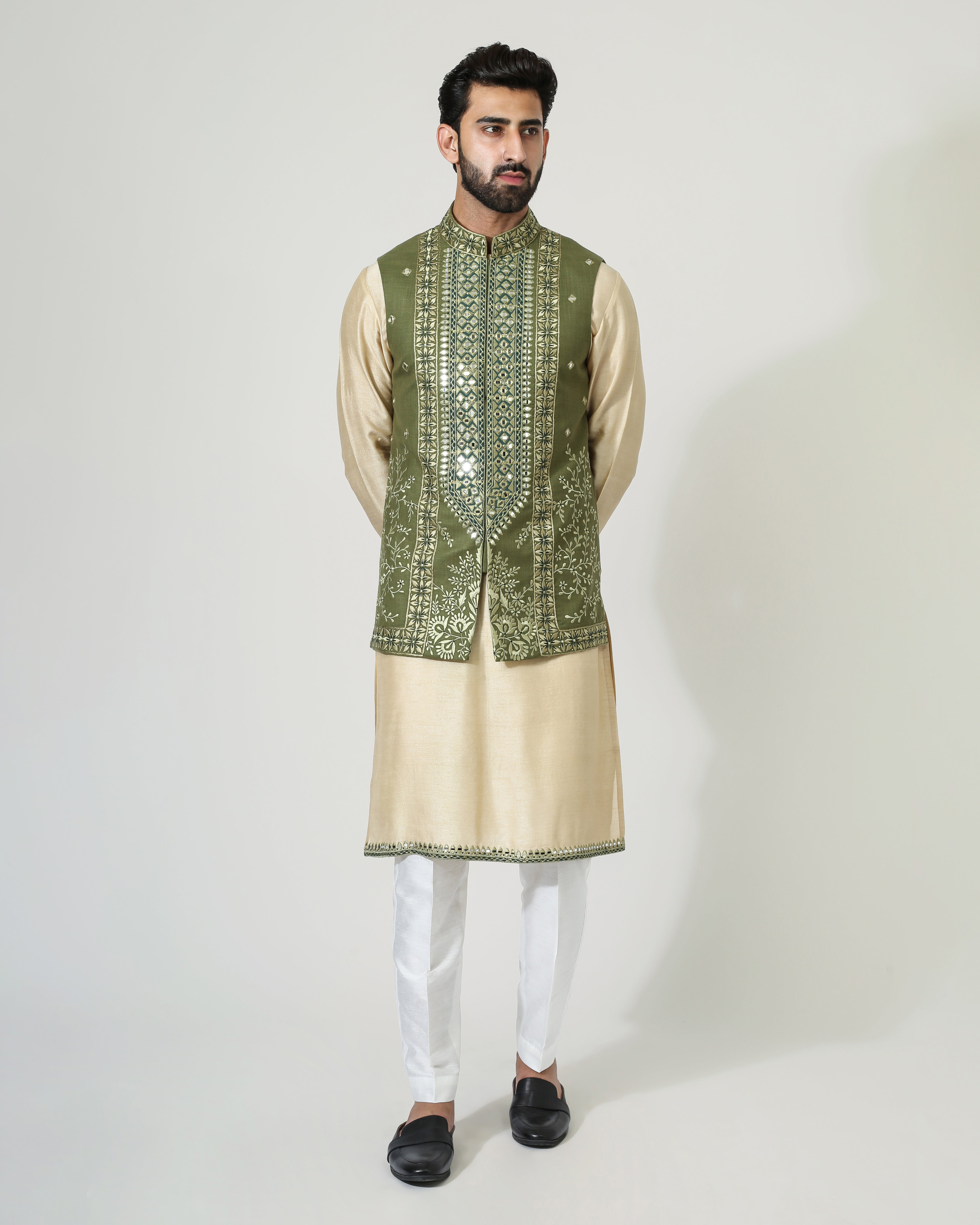 Beige Mirror Work Kurta With Green Mirror Work Jacket