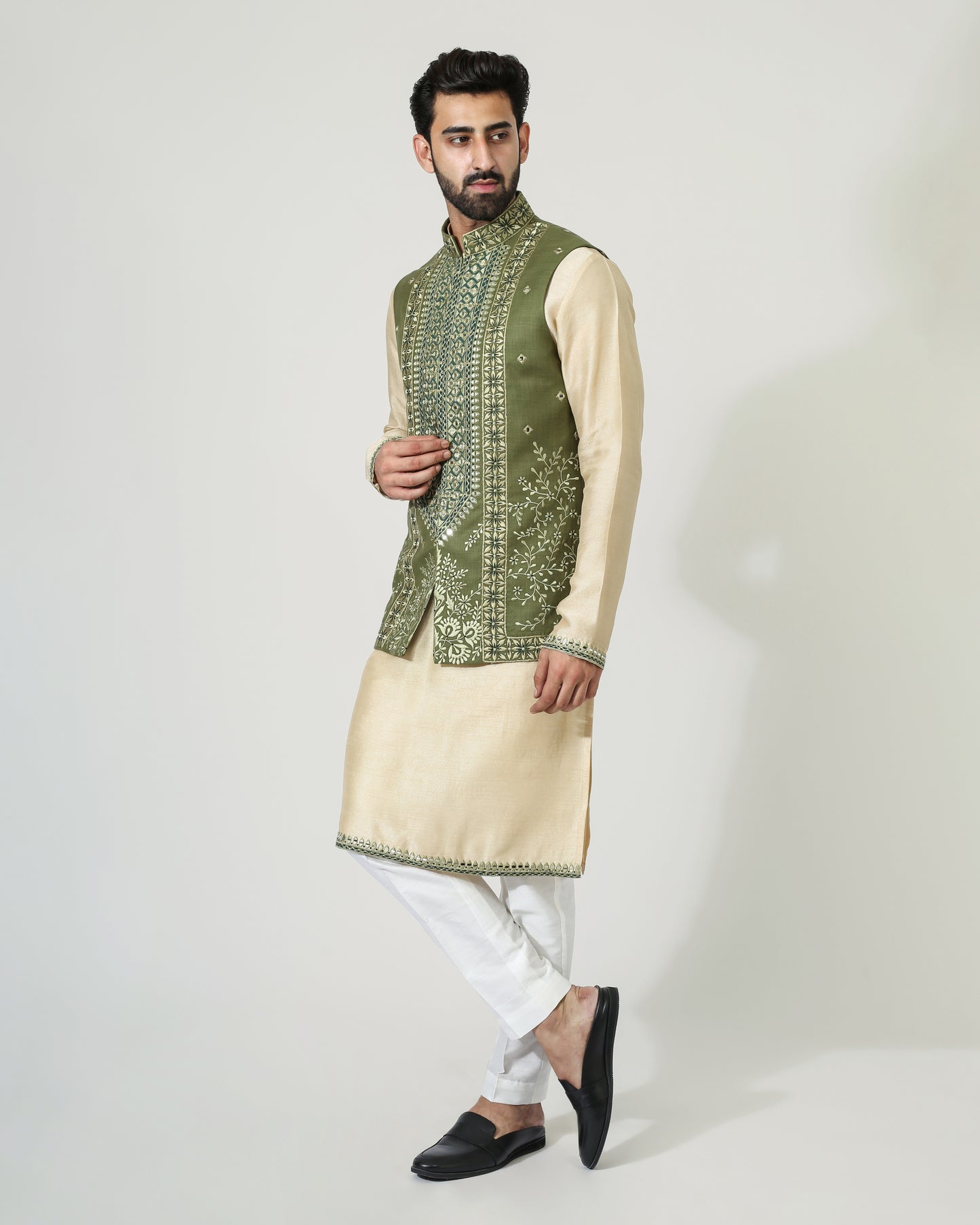 Beige Mirror Work Kurta With Green Mirror Work Jacket
