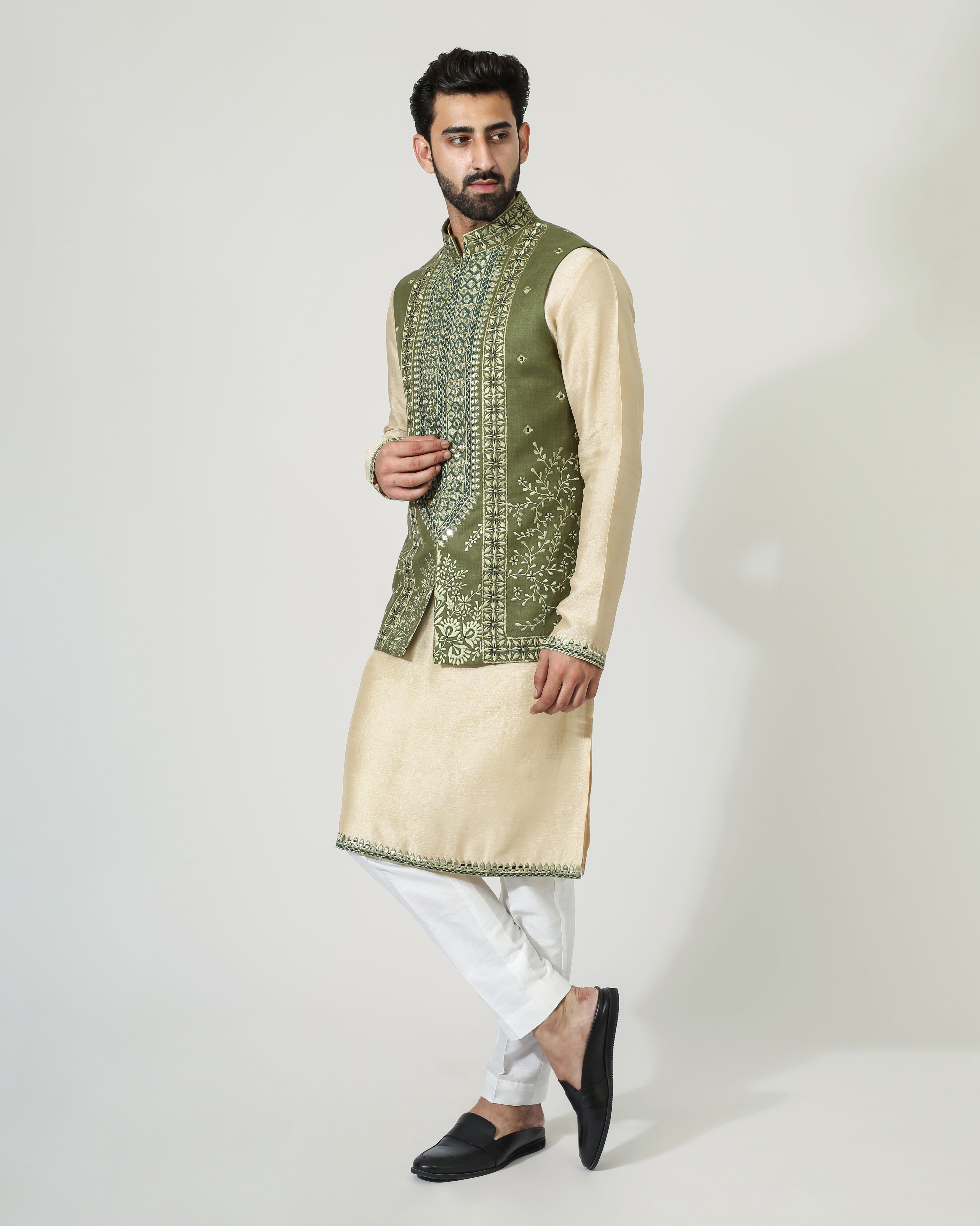 Beige Mirror Work Kurta With Green Mirror Work Jacket