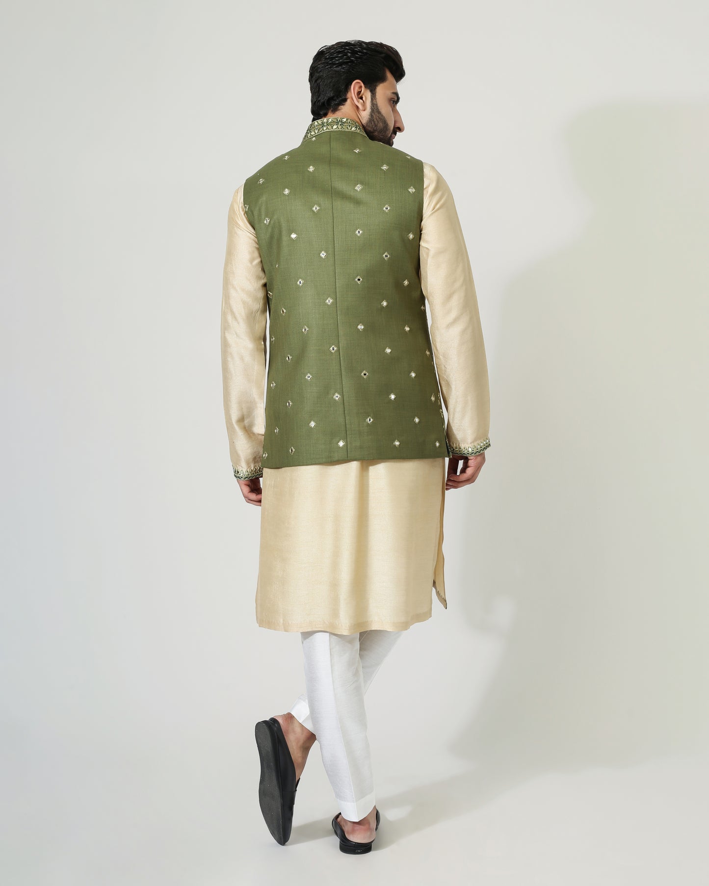 Beige Mirror Work Kurta With Green Mirror Work Jacket
