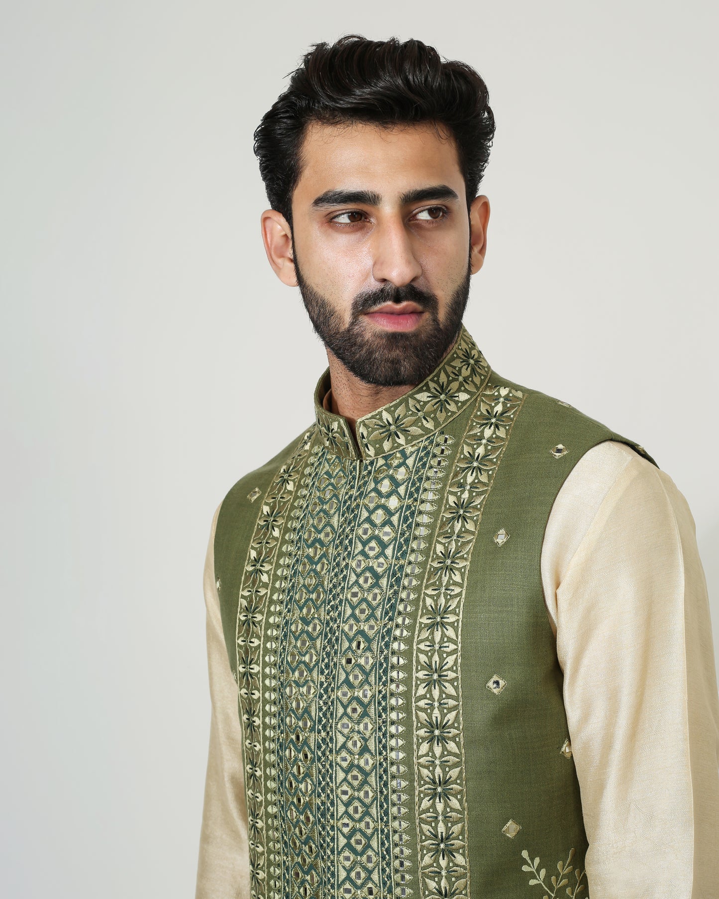 Beige Mirror Work Kurta With Green Mirror Work Jacket