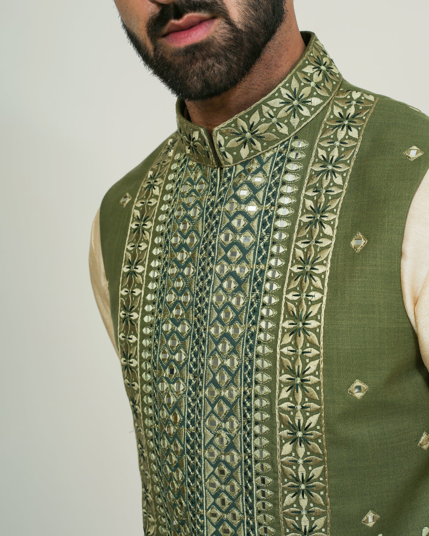 Beige Mirror Work Kurta With Green Mirror Work Jacket