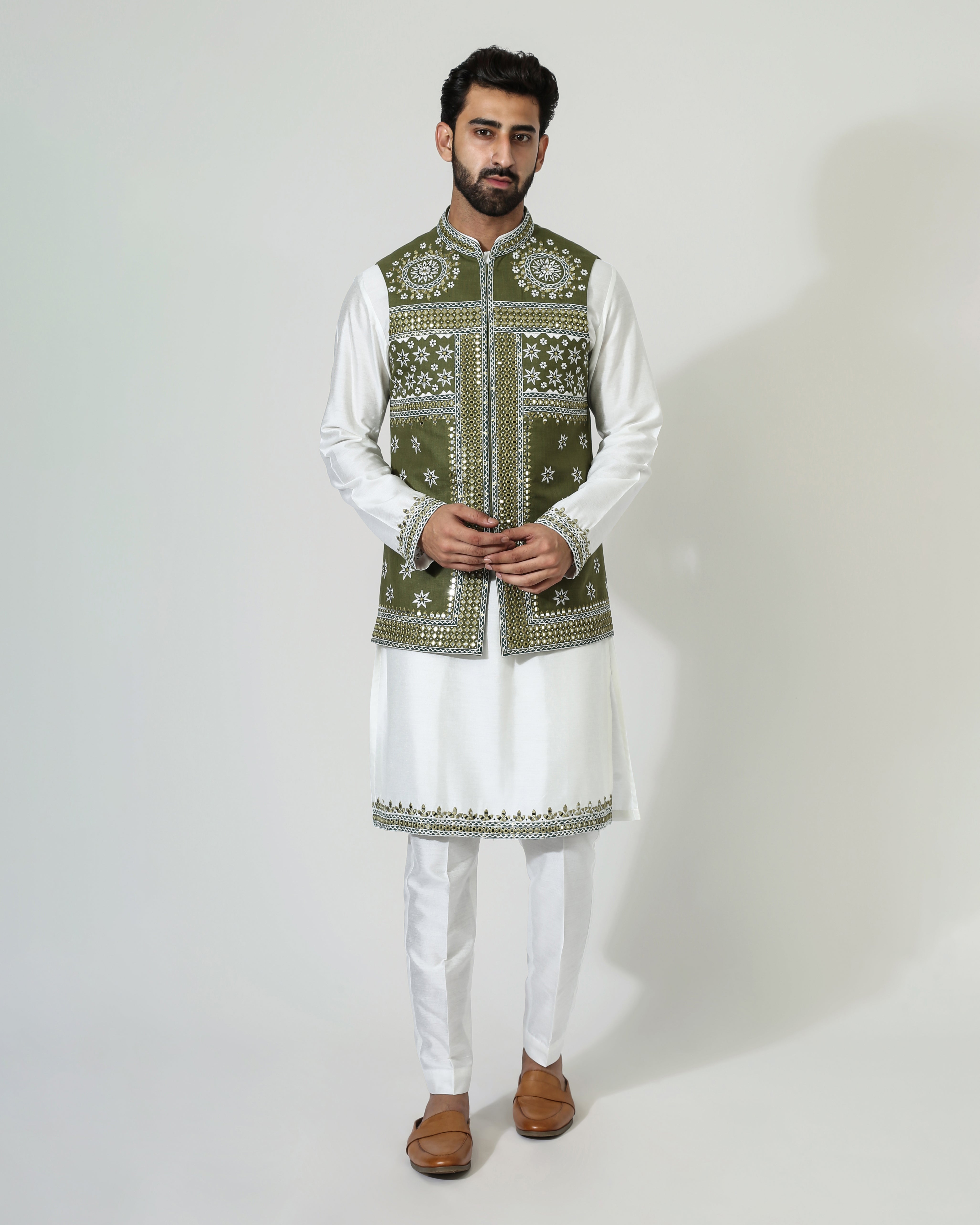 Offwhite Mirror Open Jacket With Kurta Pyjama