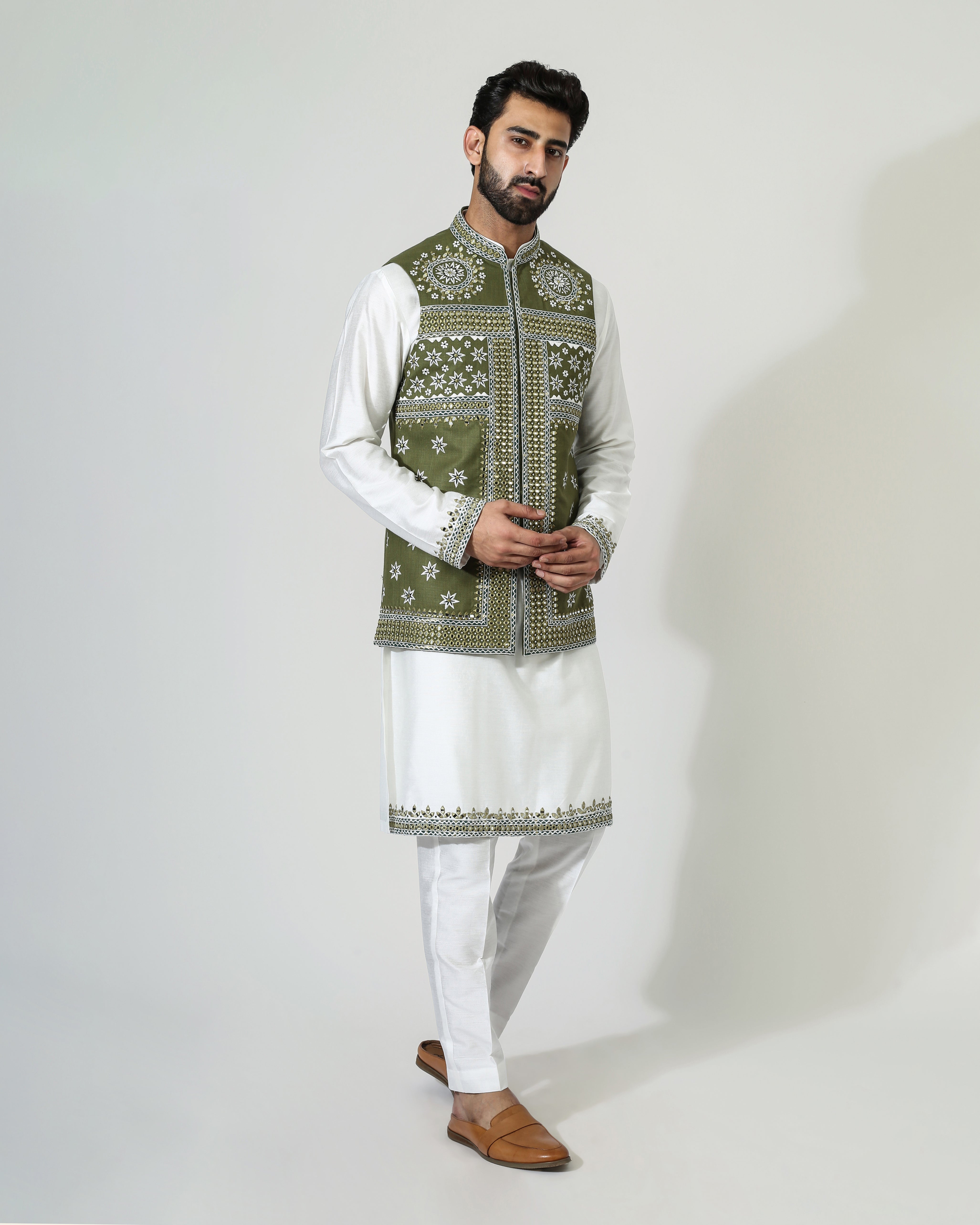 Offwhite Mirror Open Jacket With Kurta Pyjama