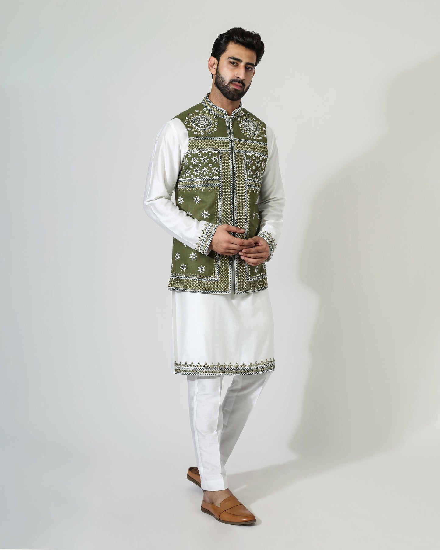 Offwhite Mirror Work Kurta With Green Mirror Work Nehru Jacket