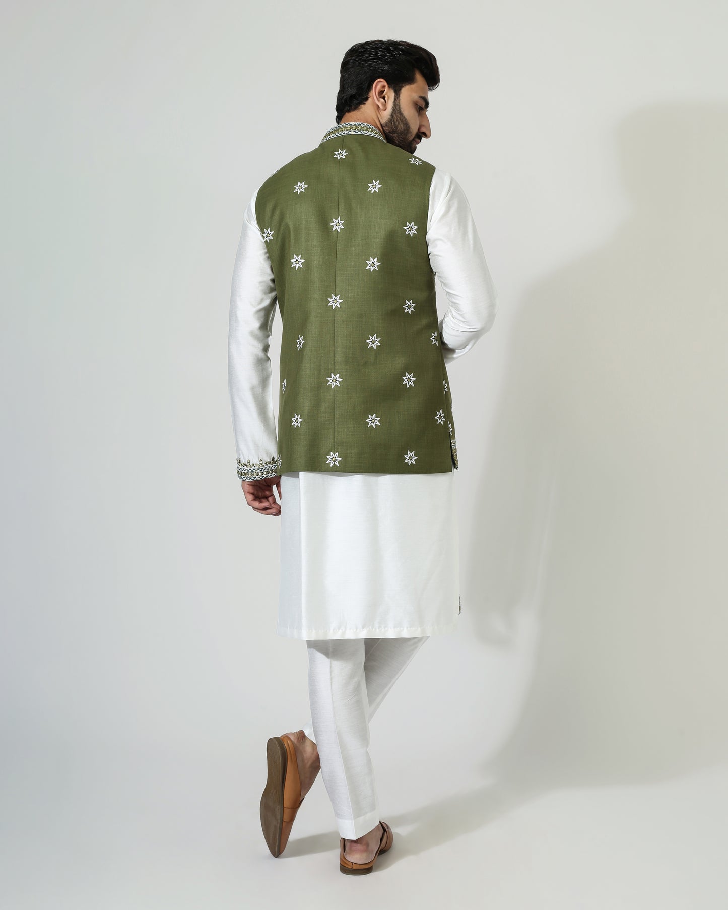 Offwhite Mirror Work Kurta With Green Mirror Work Nehru Jacket