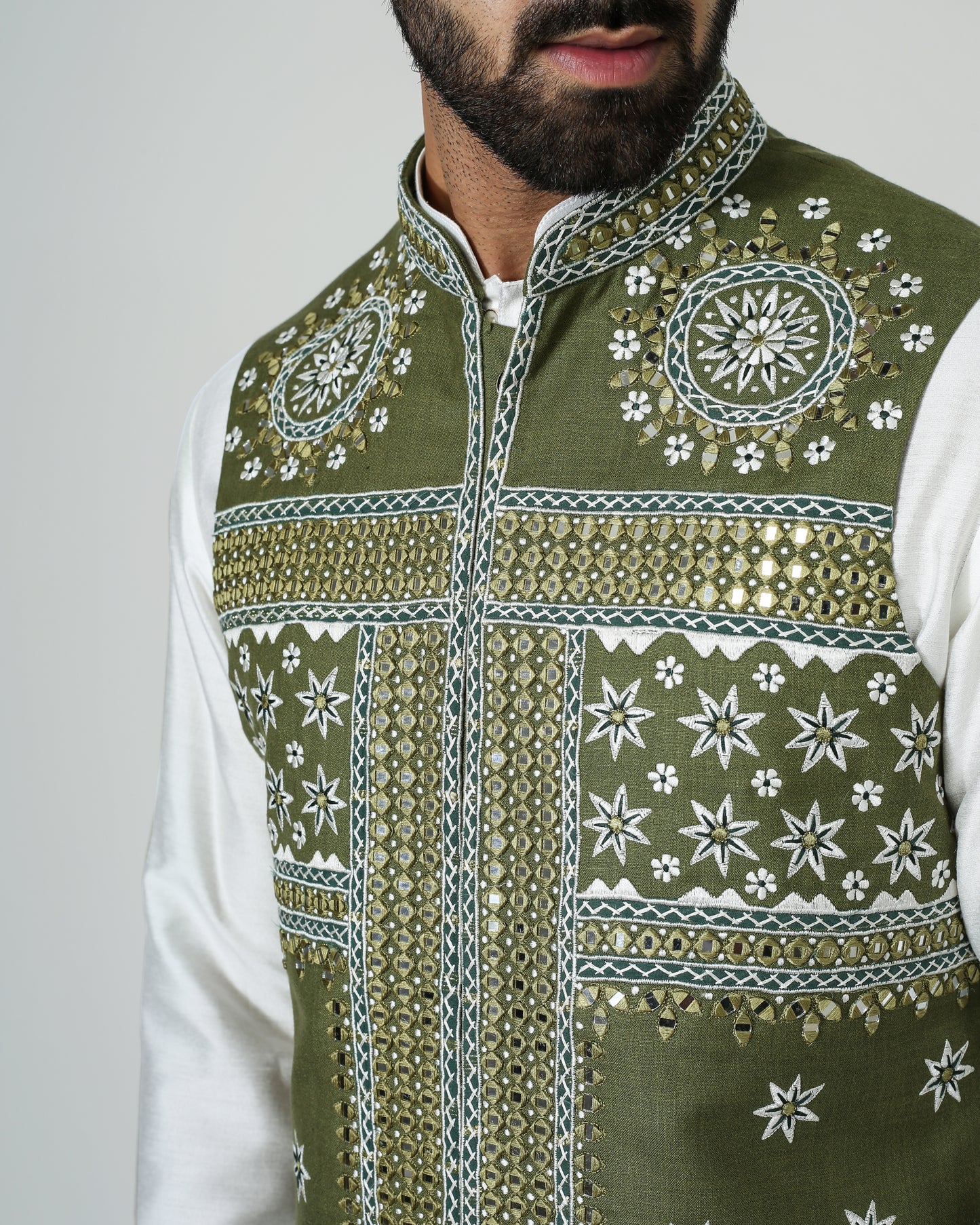 Offwhite Mirror Work Kurta With Green Mirror Work Nehru Jacket