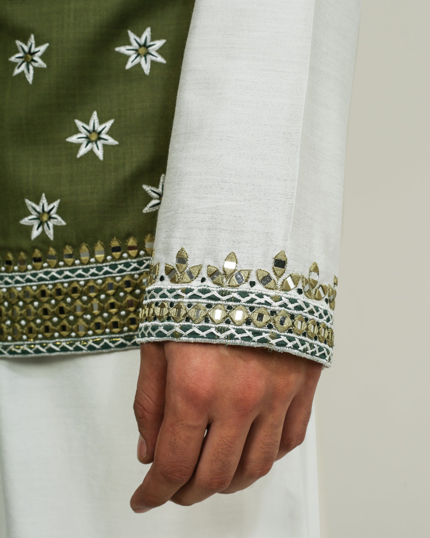 Offwhite Mirror Work Kurta With Green Mirror Work Nehru Jacket