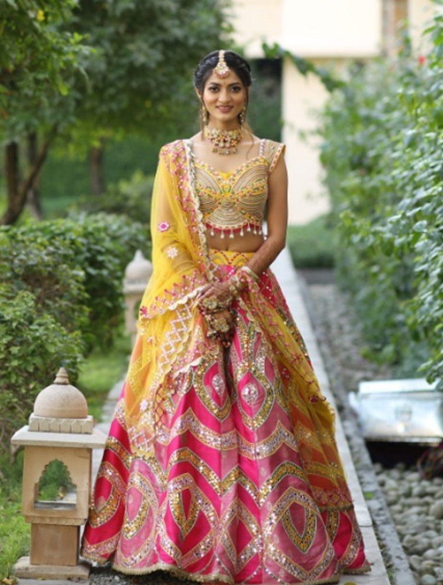 shades of fushia pink silk lehnga