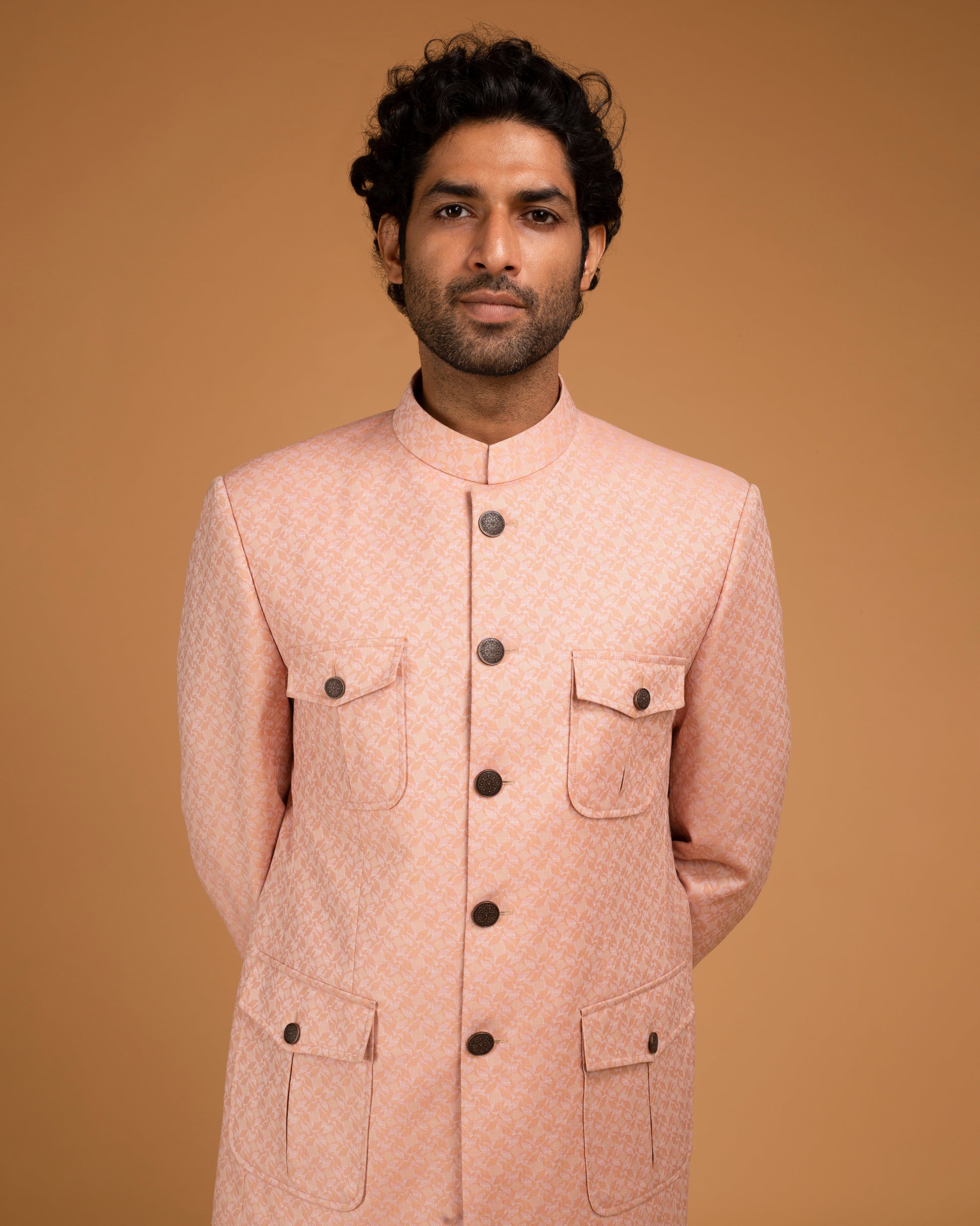 Peach Jacquard Patch Pocket Bandhgala small