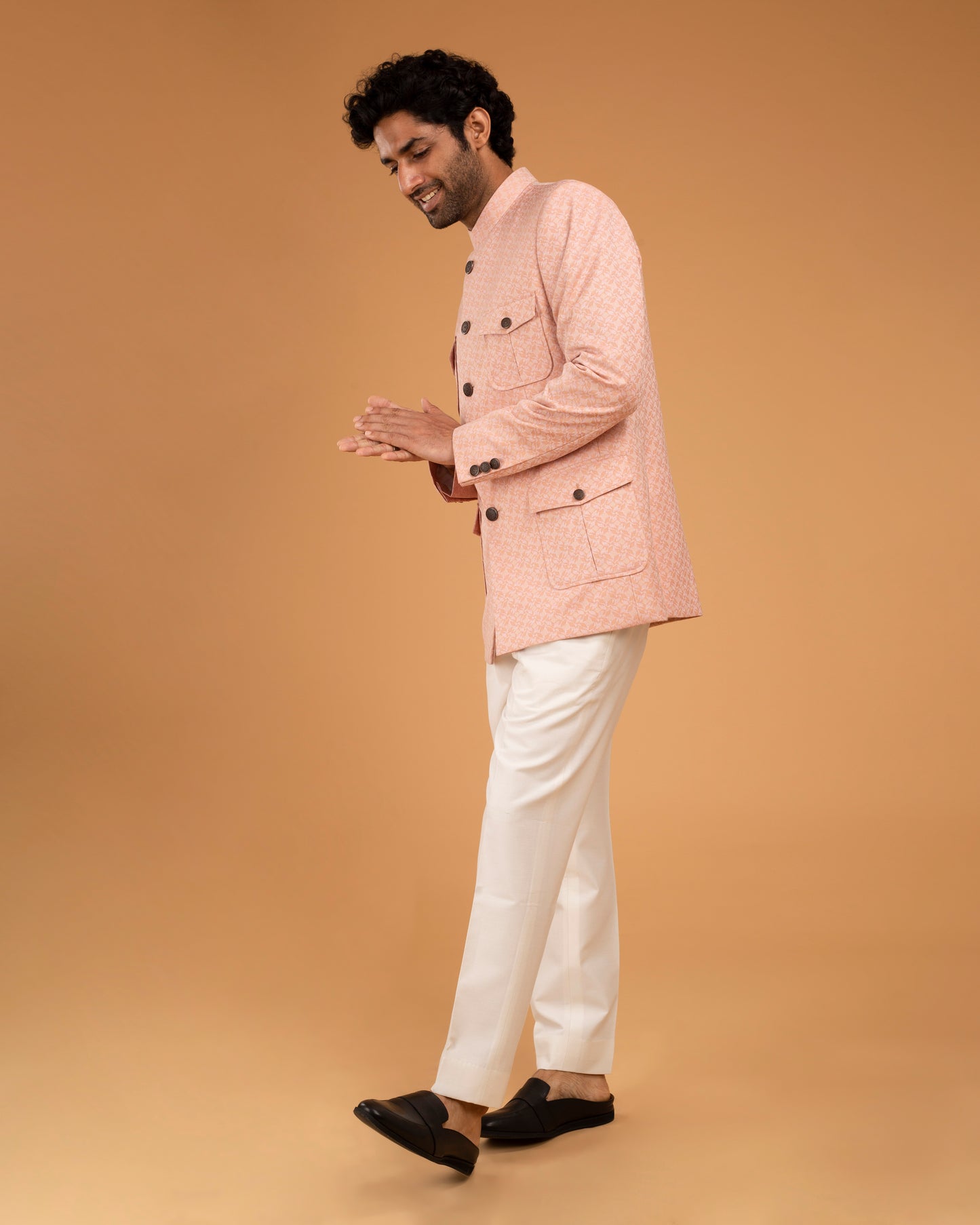 Peach Jacquard Patch Pocket Bandhgala small