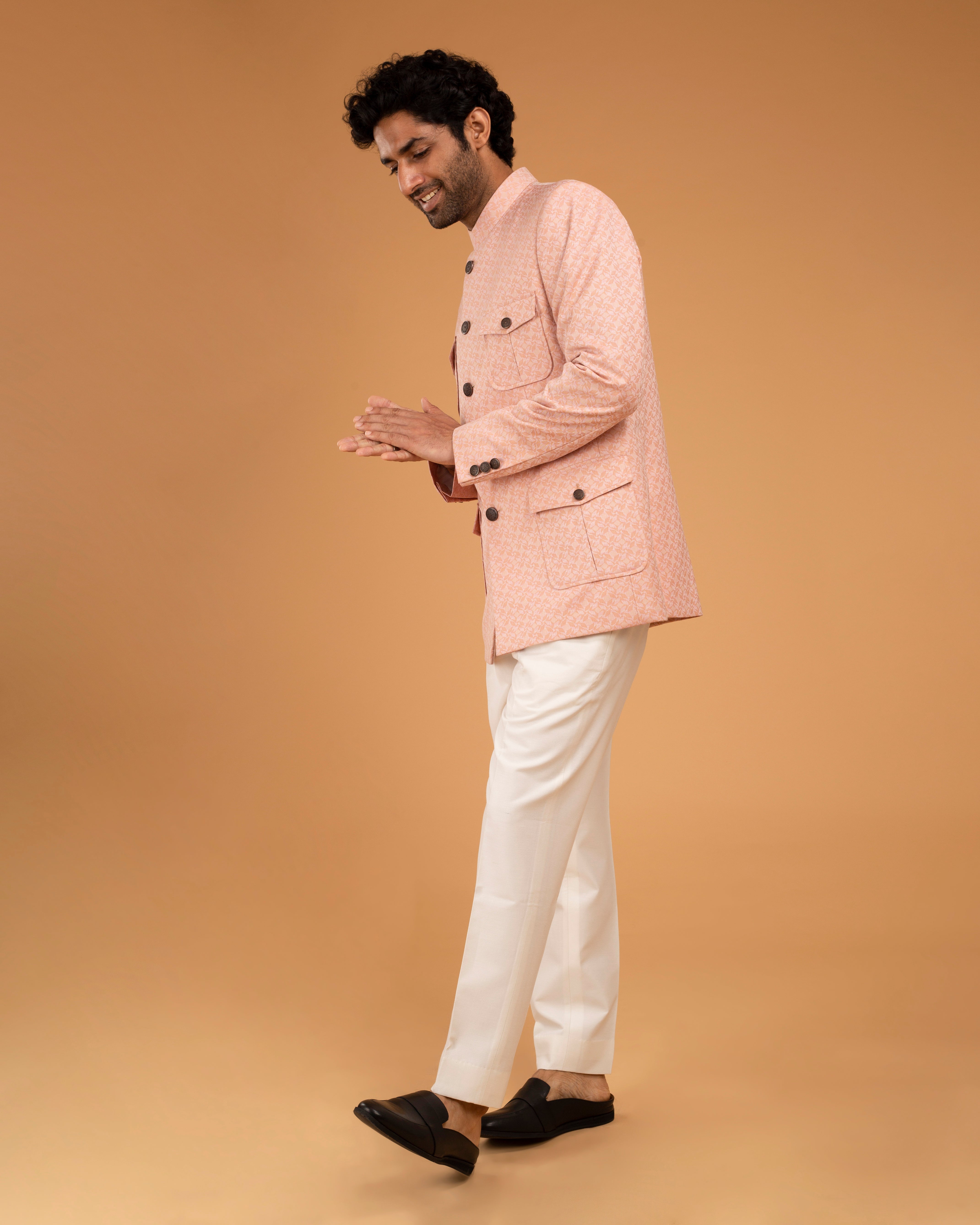Peach Jacquard Patch Pocket Bandhgala small
